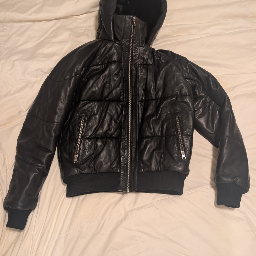 Quince Black Leather Hooded Puffer Jacket